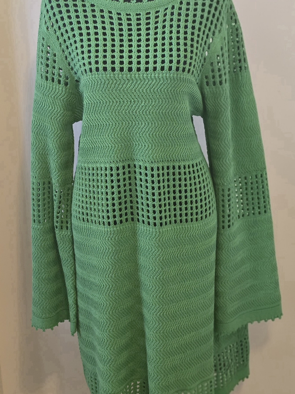 Edited by Remade Green Crochet Bell-Sleeve Dress NWT XL
